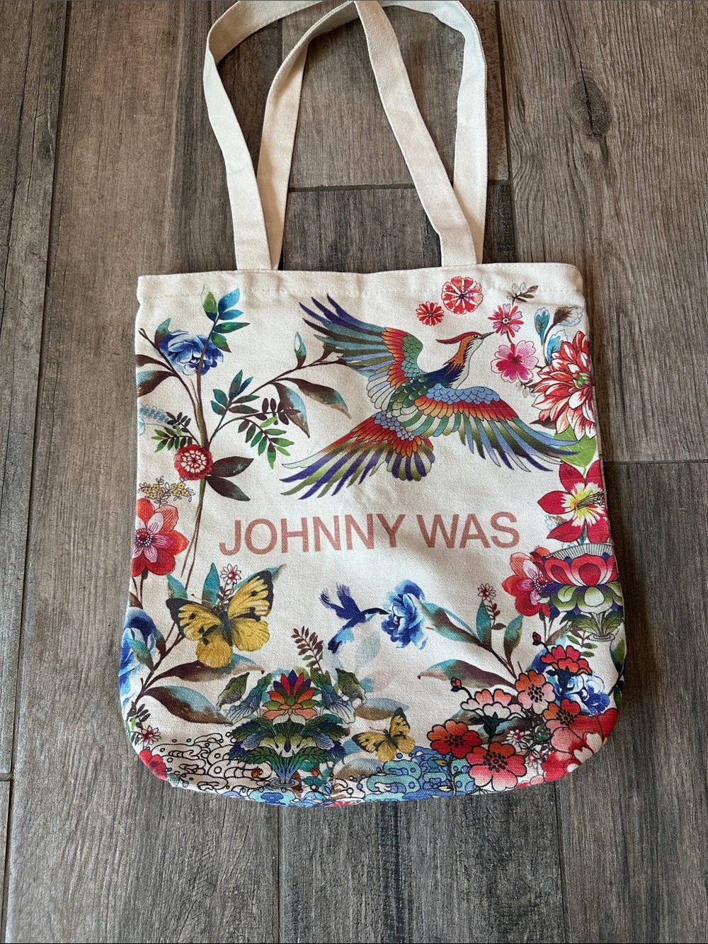 Johnny Was Cream Canvas Tote with Multicolor Floral & Bird Print